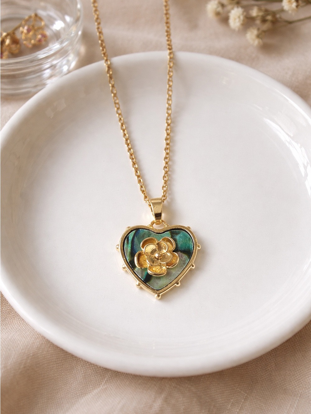 Gold Heart Necklace with Abalone Shell and Floral Accent